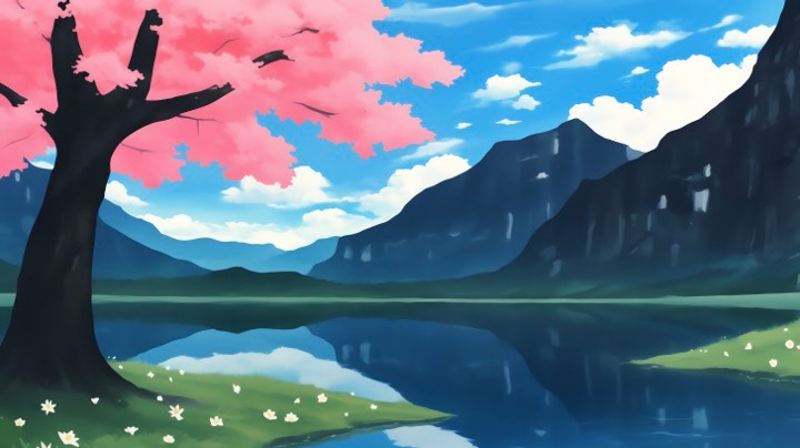 Sakura Tree Against Lake Reflection