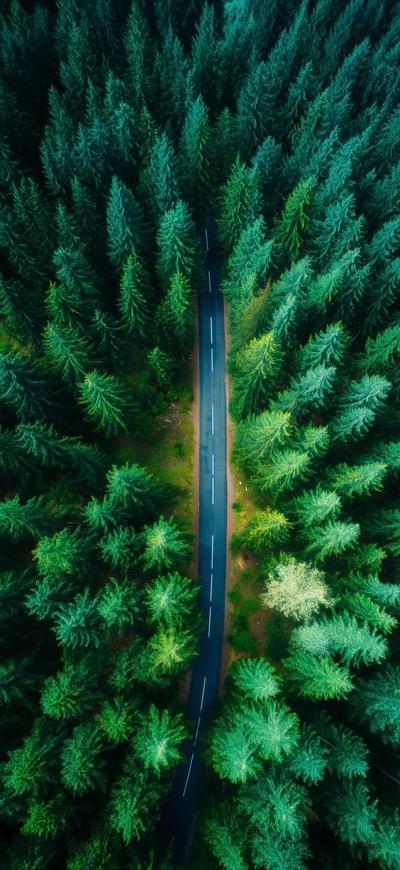Aerial View Of Road Through Dense Forest