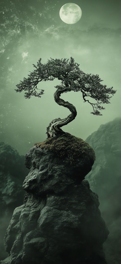 Lone Tree In Cosmic Green Night