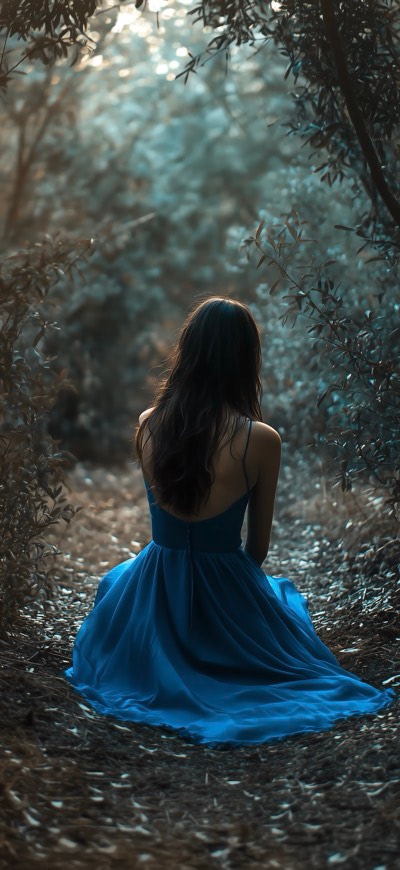 Girl In A Blue Dress Sitting On The Ground