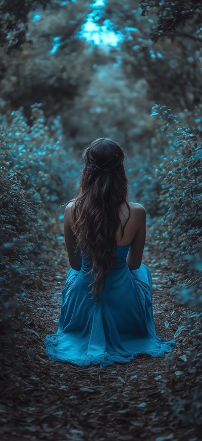 Girl In A Blue Dress Sitting On The Ground