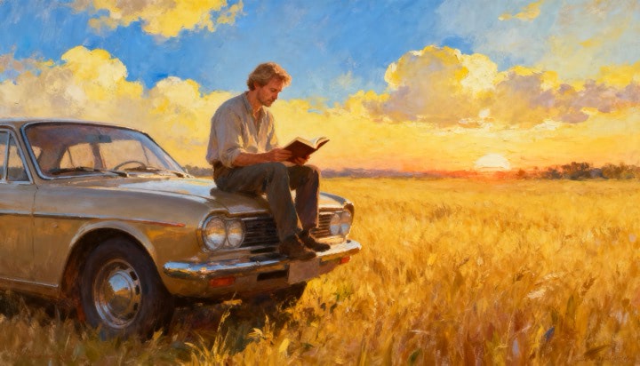 Yellow Field Silver Car And Man Reading Book