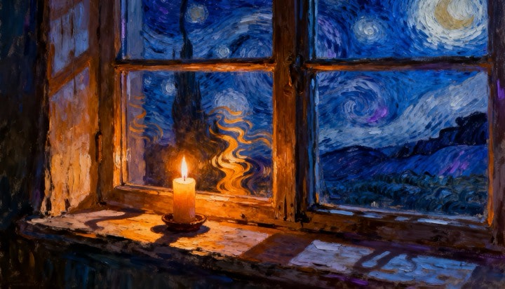 Starry Night By The Window With Candle