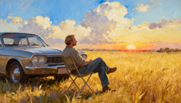 Yellow Field Silver Car And Man Sitting On Chair