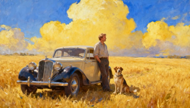 Man With His Vintage Car And Dog
