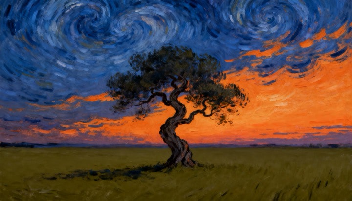 Vincent Van Gogh Style Lone Tree With Starry Night Sky