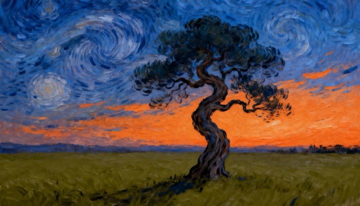 Vincent Van Gogh Style Lone Tree With Starry Night Sky
