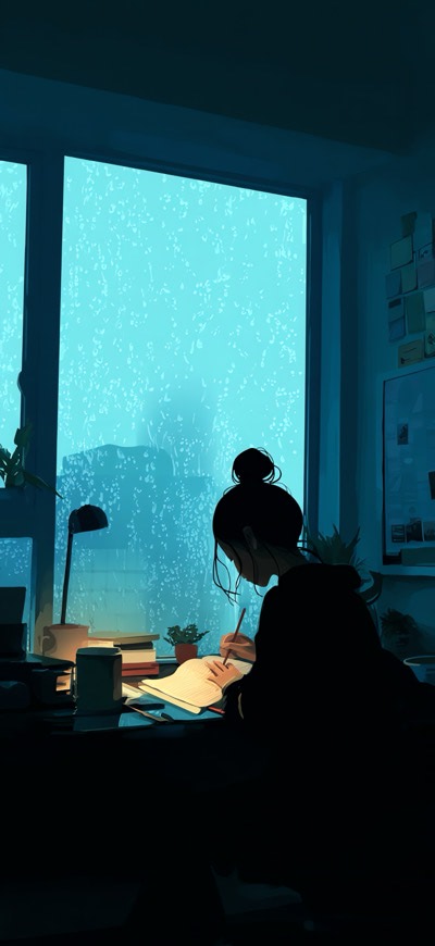 Silhoutte Of Girl Studying Focused Work