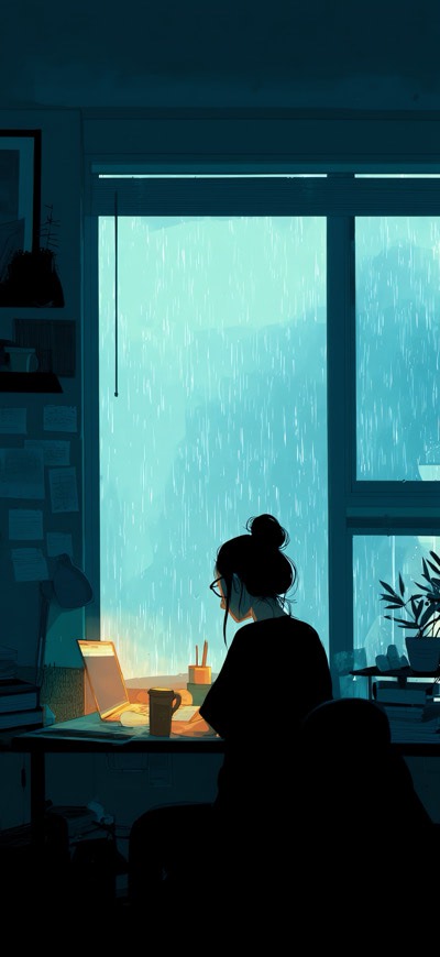 Silhoutte Of Girl Studying Focused Work