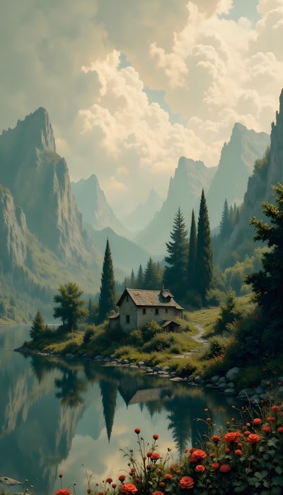 Dark Green Scenery With House