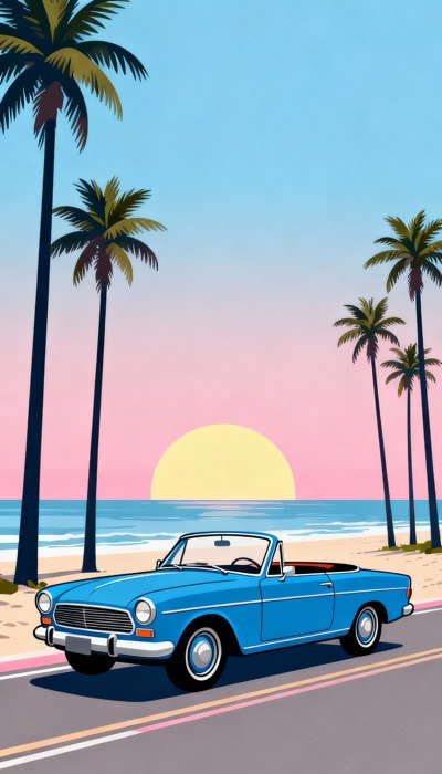 Blue Vintage Car On Beach